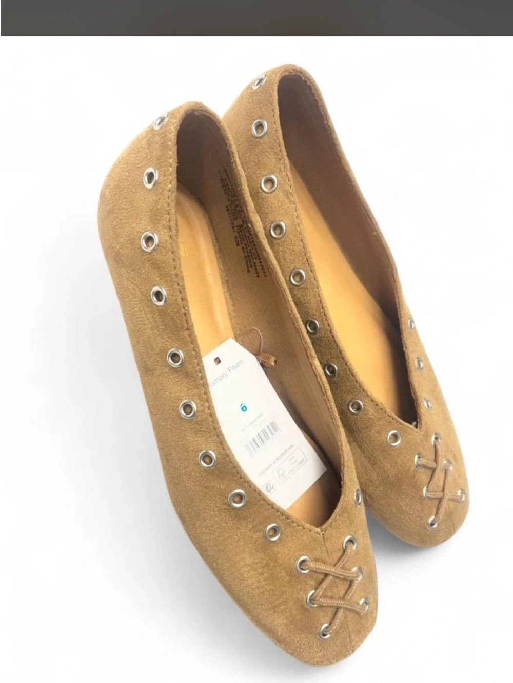 Time and Tru Tan Suede Lace-Up Ballet Flats with Eyelets
